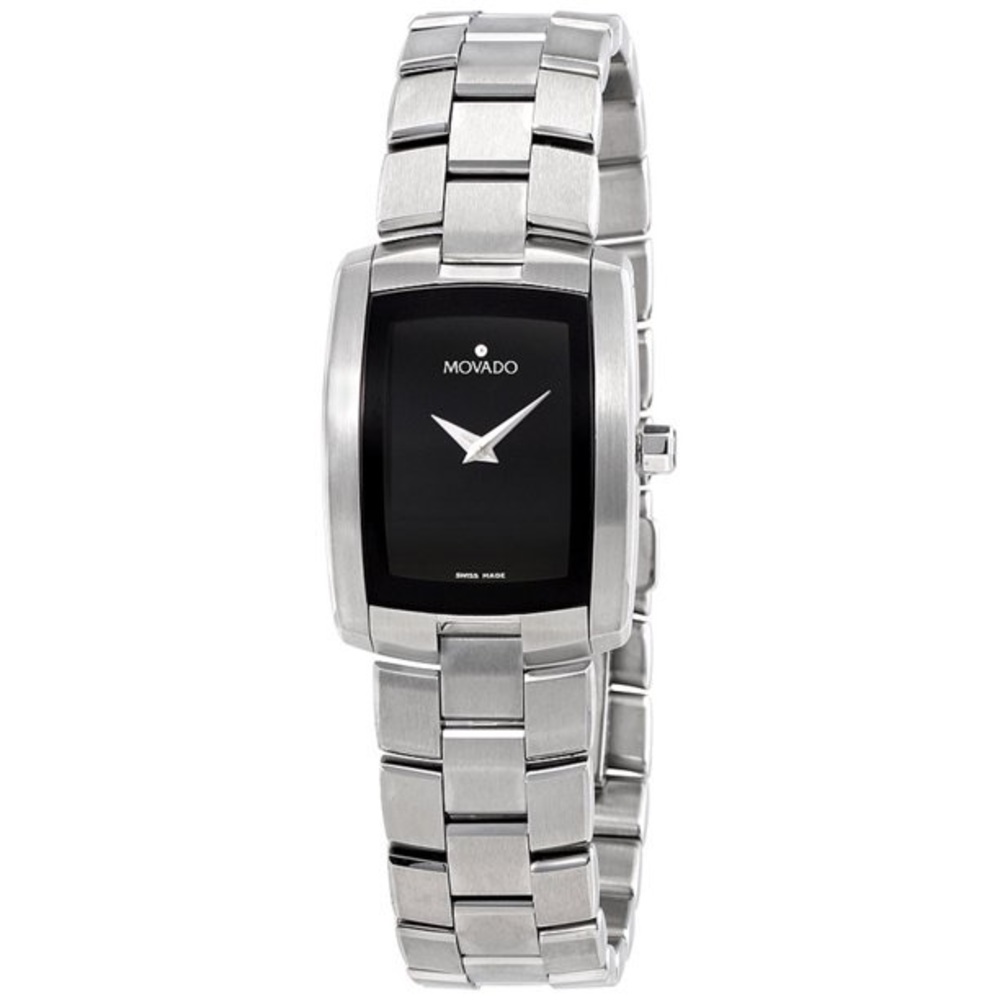Movado Eliro Black Dial Rectangular Stainless Steel Swiss Quartz Watch - Mens